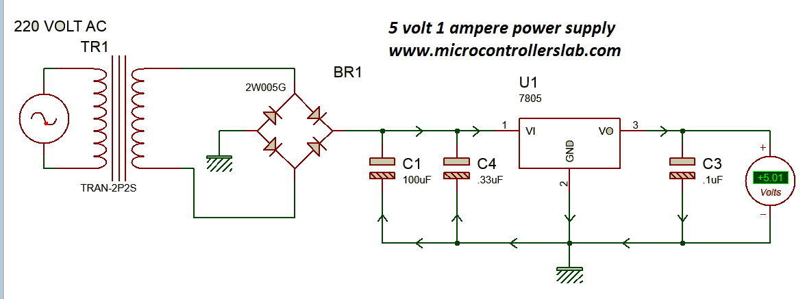 Circuit diagram of 5 volt and 1 Ampere power supply