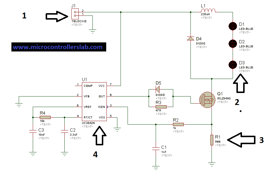 Circuit diagram of solar LED driver using UC3842