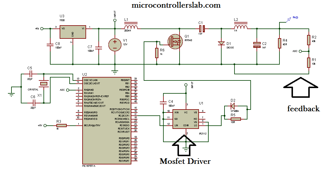 cuk converter circuit diagram usig pic microcontroller and IR2110