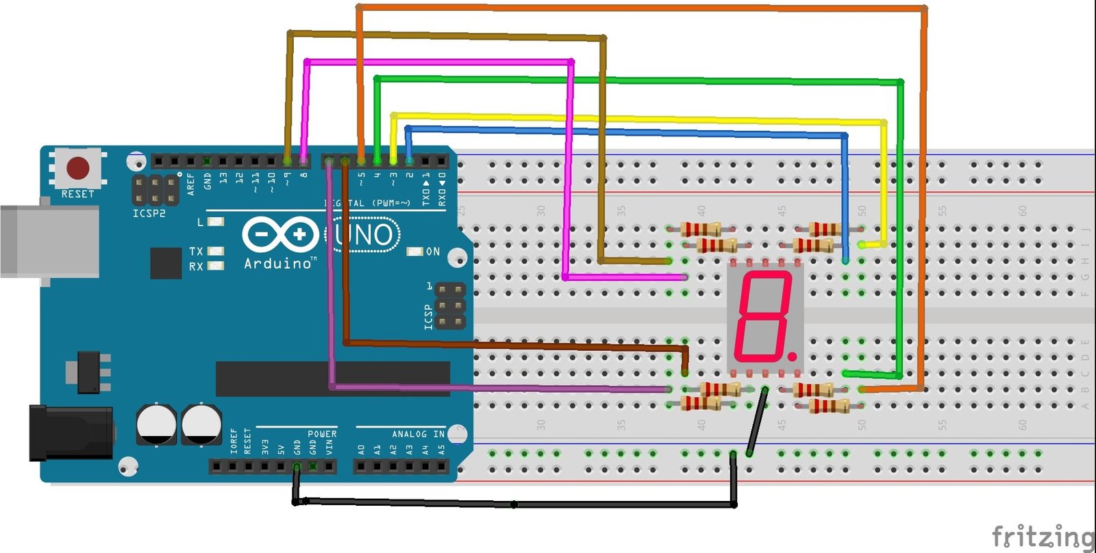 Common cathode type seven segment display interfacing with Arduino