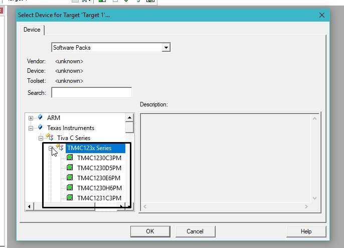 Tm4c123x microcontroller selection in keil ide