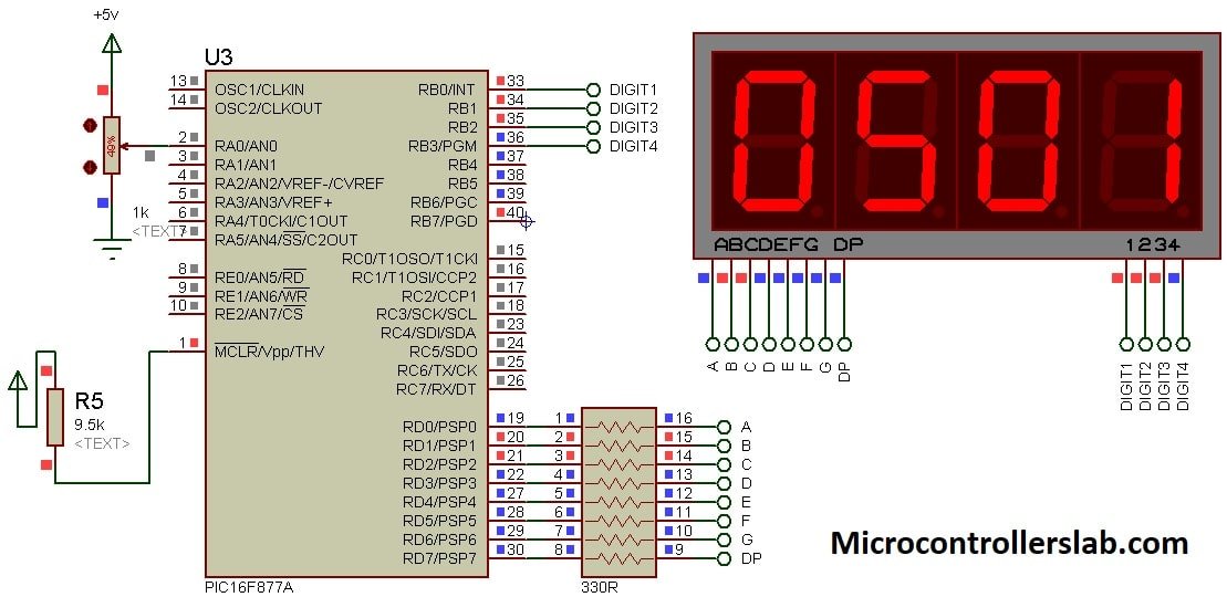 Display adc value on 7 segment display using pic microcontroller circuit diagram