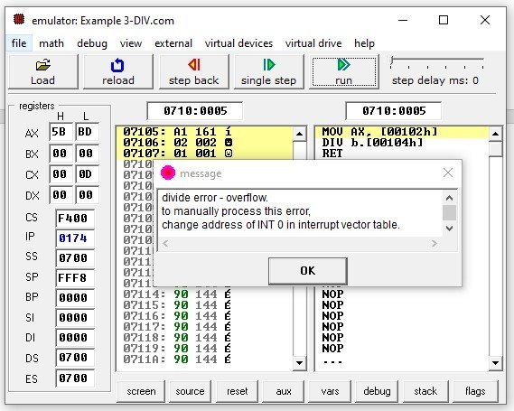 8086 DIV instruction overflow error