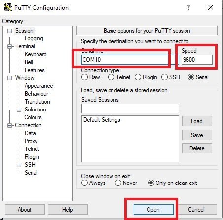 open and launch putty to connect tm4c123 with computer