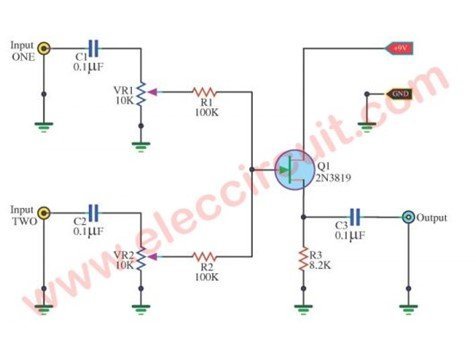 2N3819 Audio mixer circuit example