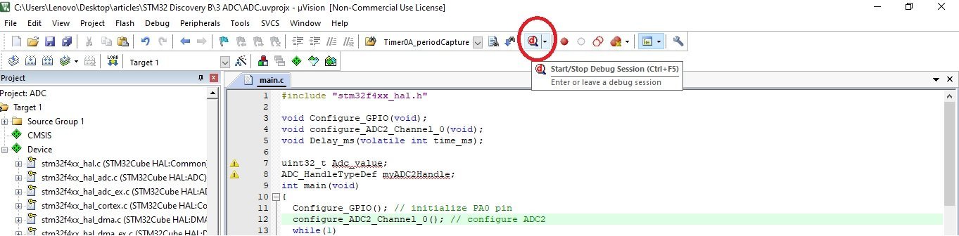 Open debugger in Keil uvision for ADC value