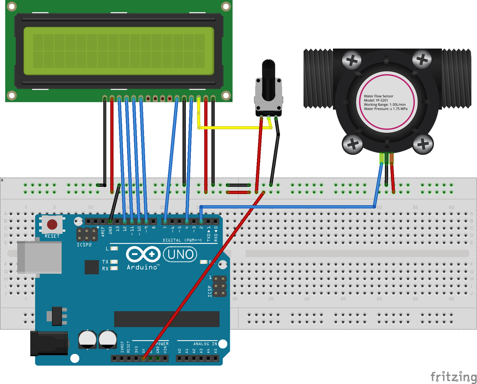 YF-S201 wate flow sensor interfacing with Arduino and LCD connection diagram