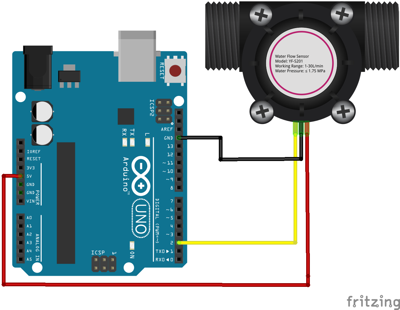 YF-S201 wate flow sensor interfacing with Arduino connection diagram