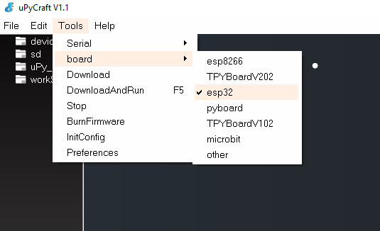 Selecting board upycraft IDE