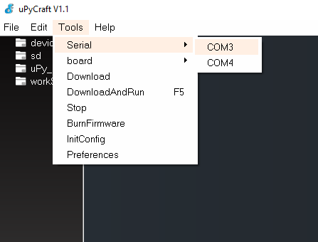 Selecting serial port upycraft IDE