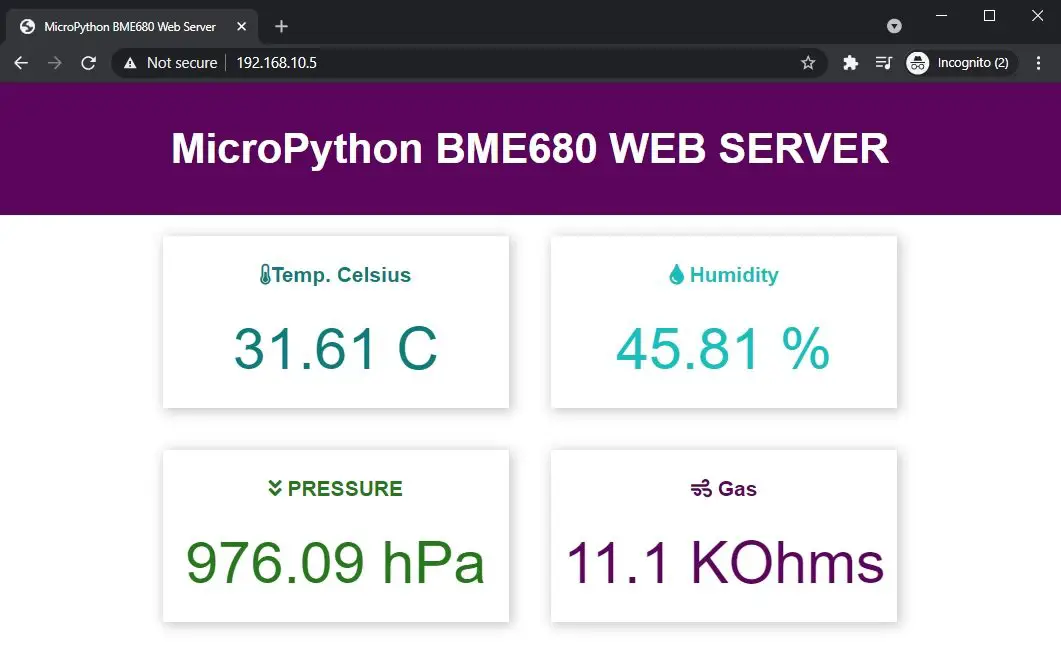 BME680 web server with micropython esp32 esp8266 display temperature gas humidity and pressure