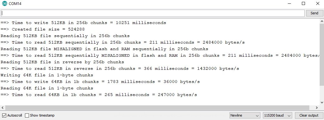 LittleFS speed test output on serial monitor