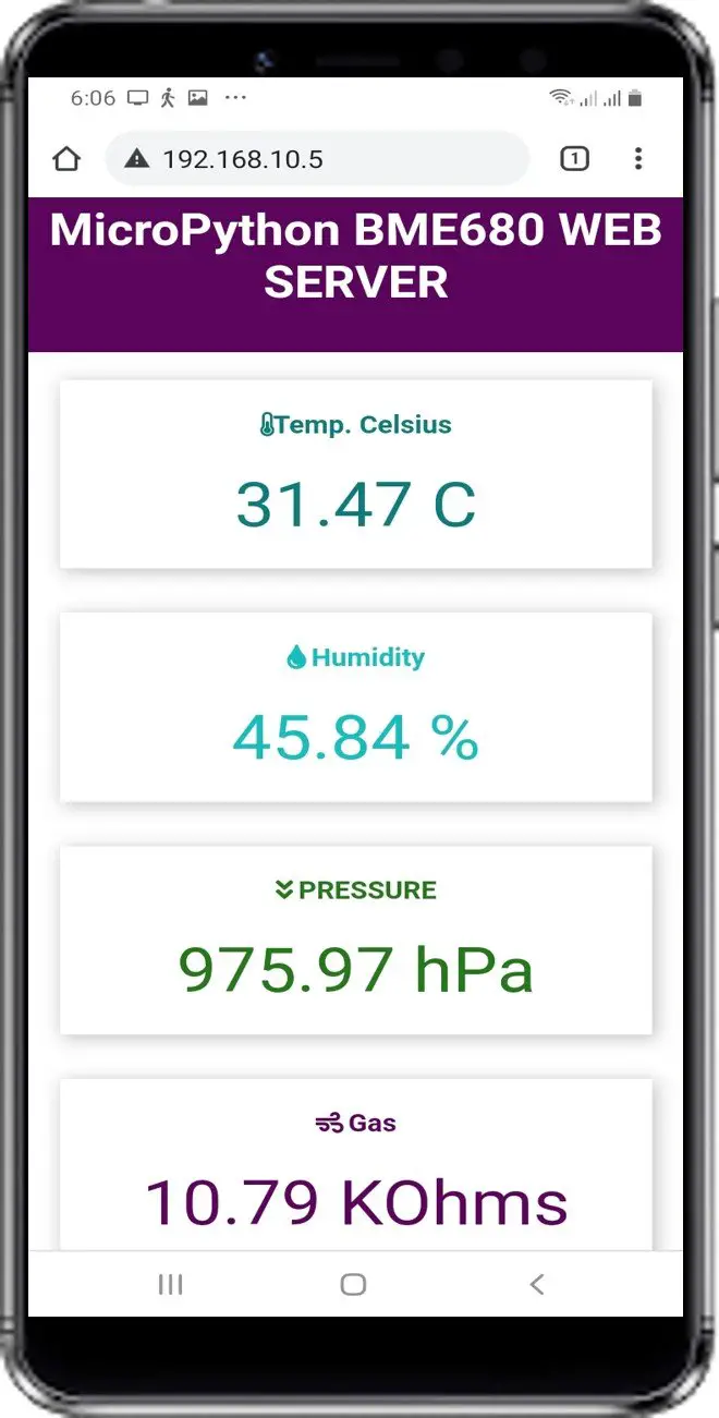 display bme680 sensor values on web server mobile demo