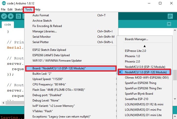 select ESP8266 NodeMCU board