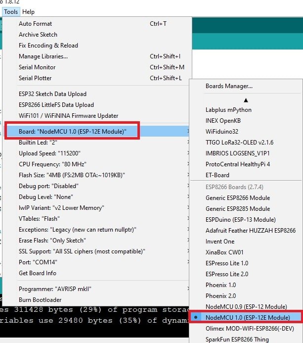 selecting ESP8266 NodeMCU in Arduino IDE