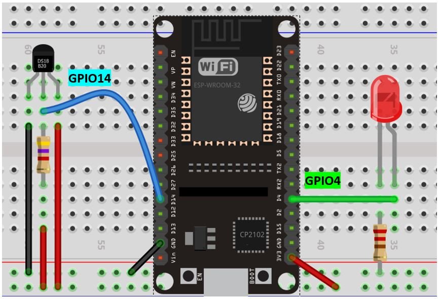 ESP32 ds18b20 with led schematic diagram