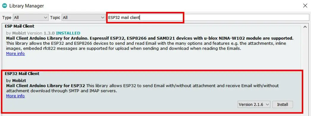 ESP32 mail client library install