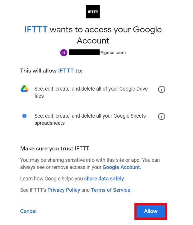 Publish sensor readings to Google Sheets permission IFTTT