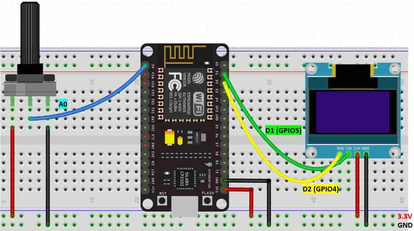 ESP8266 ADC and POT interfacing circuit diagram