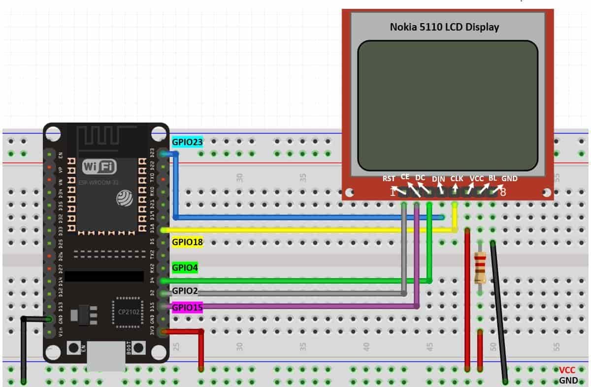 Nokia 5110 interfacing ESP32 schematic diagram