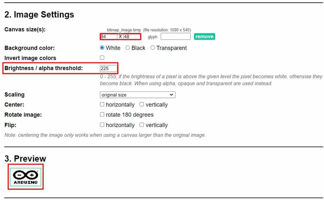 bitmap image settings select