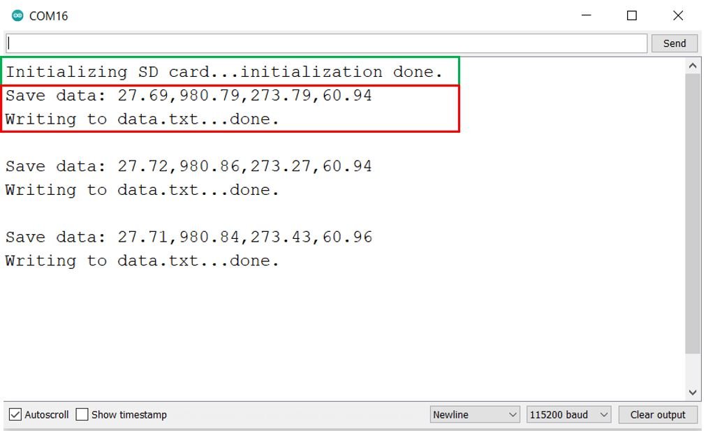 Arduino BME280 data logging to microSD card serial monitor demo