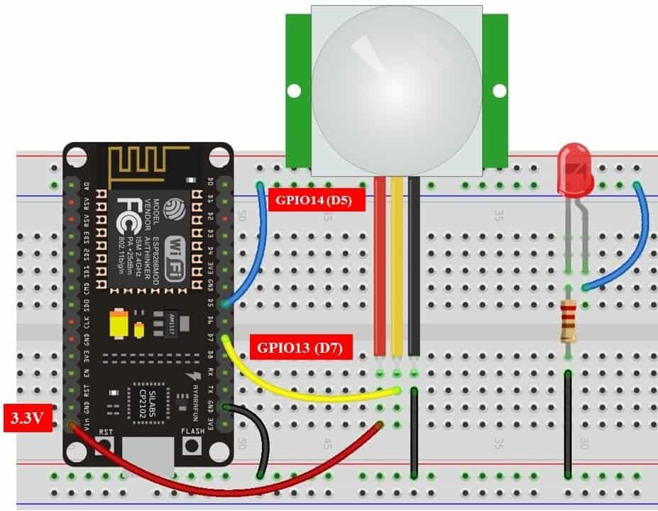 ESP8266 IoT motion detection web server circuit diagram
