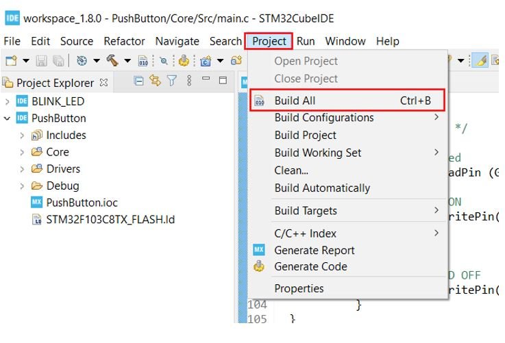 Blue Pill STM32 Creating project Digital Input building the project 1