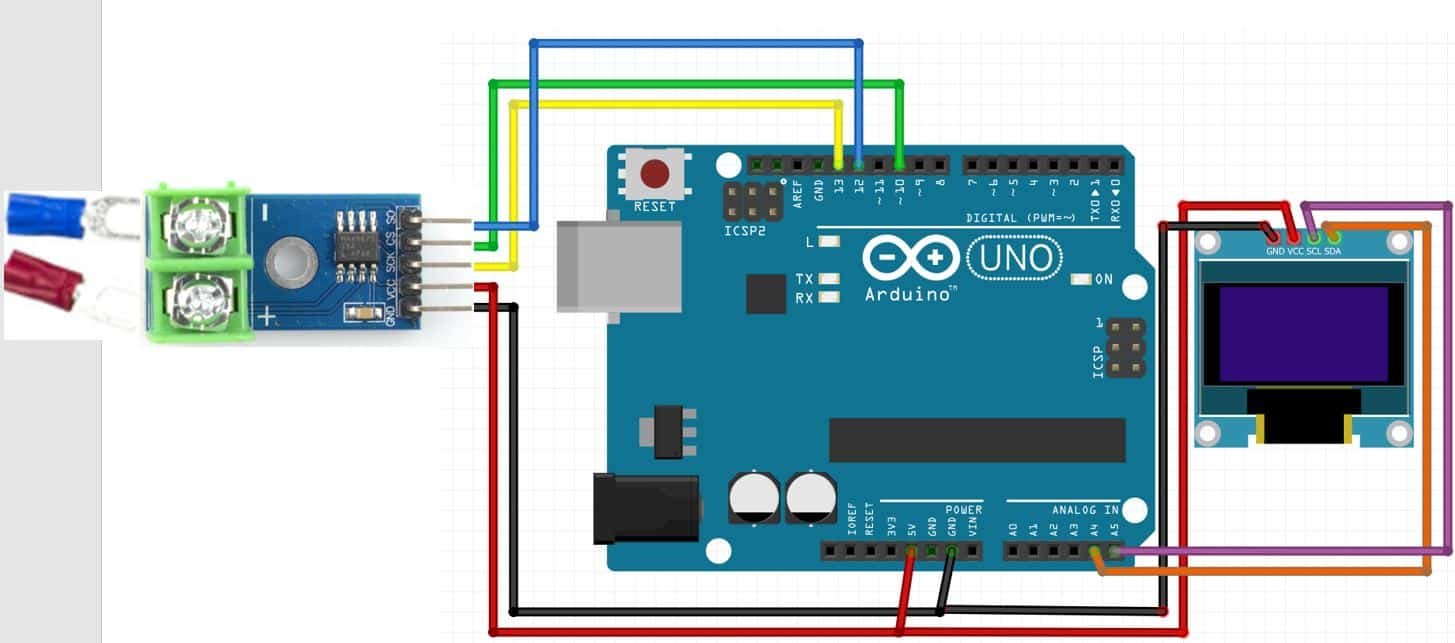 MAX6675 thermocouple module with Arduino and OLED connection diagram