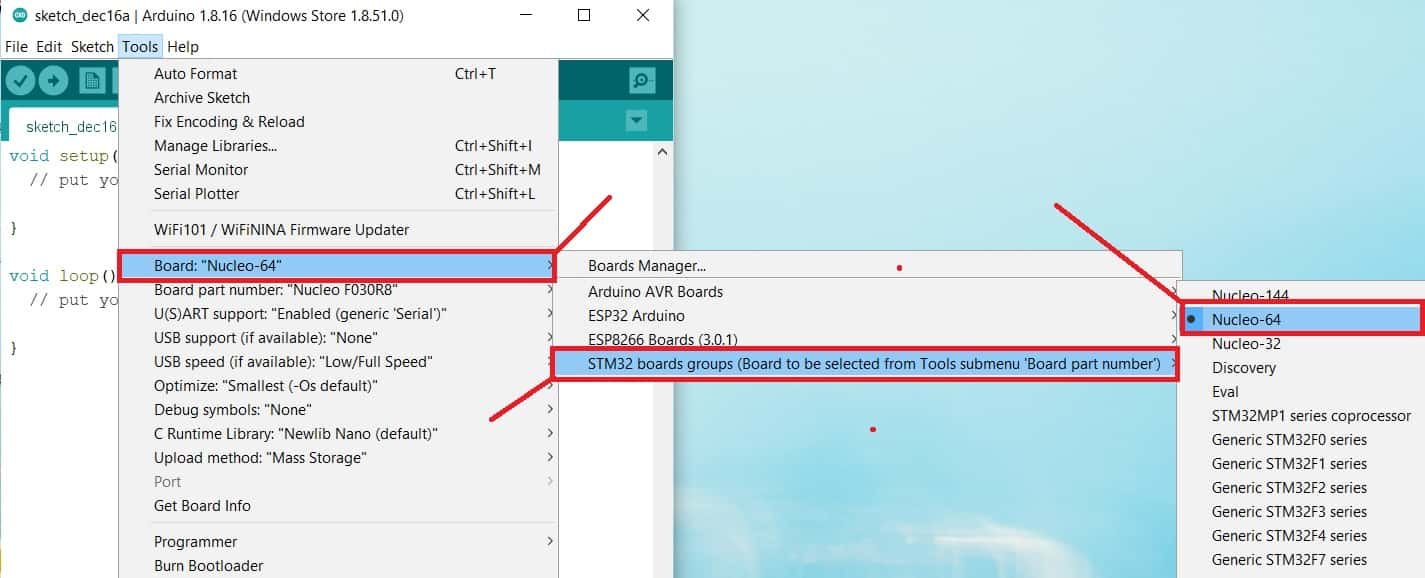 Select Nucleo 64 from boards in Arduino IDE