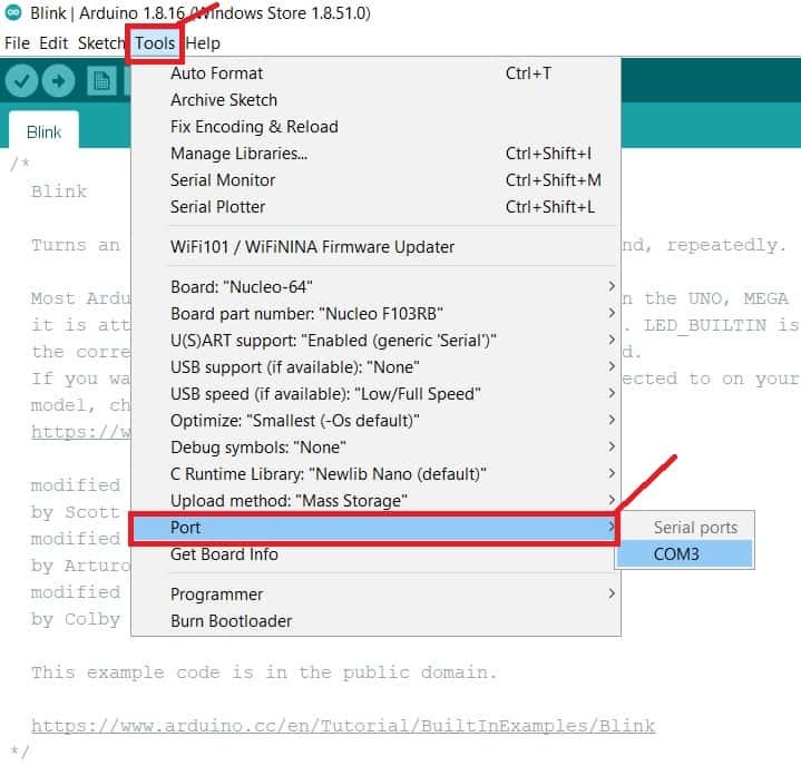 select COM port to which Nucleo board connected