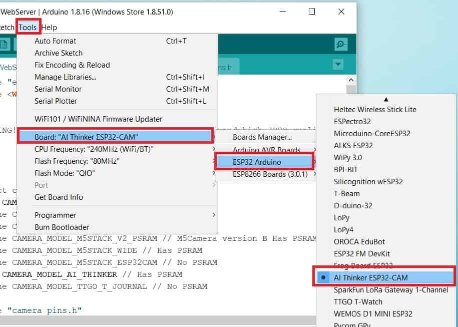 select ESP32 CAM AI thinker board in Arduino IDE