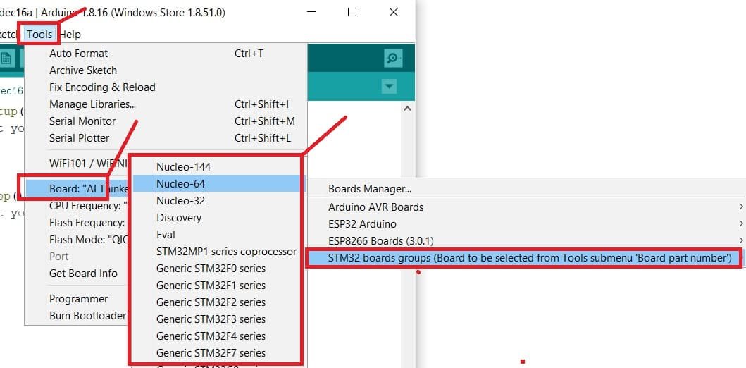 select stm32 nucleo in arduino ide