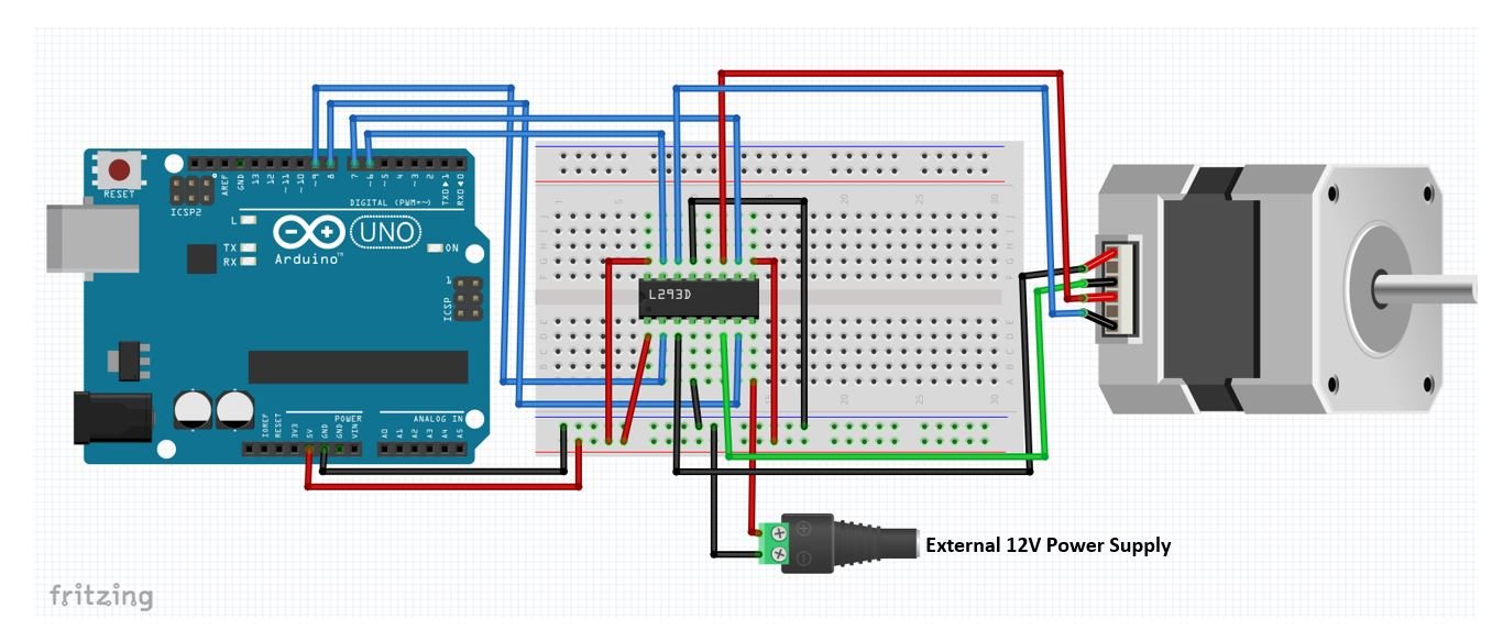 Arduino UNO with L293D Motor driver IC with bipolar stepper motor connection diagram