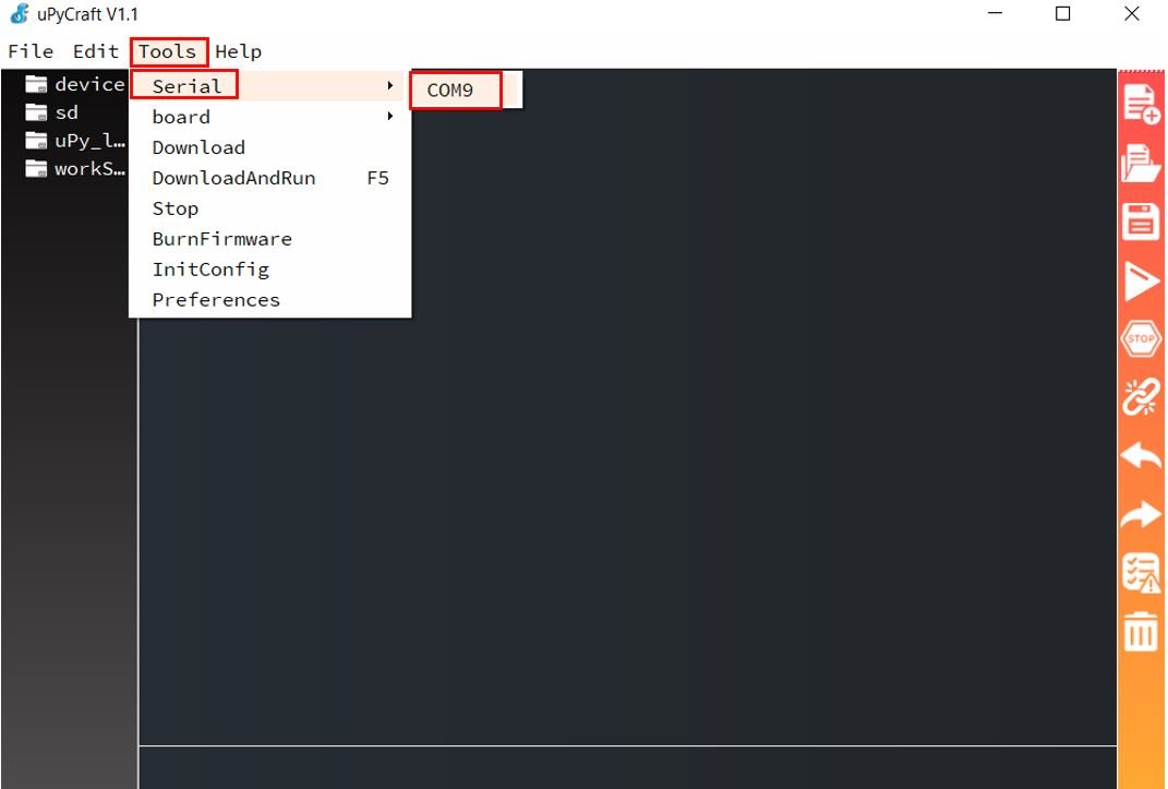 Getting started with Raspberry Pi Pico in uPyCraft IDE setting serial port