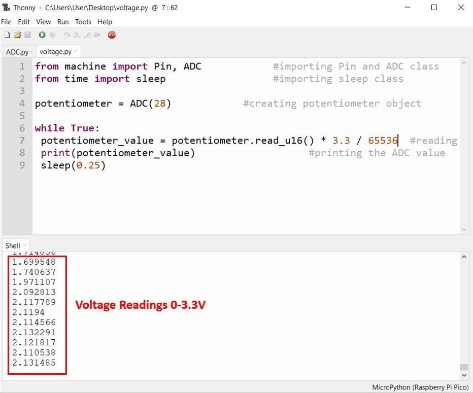 Raspberry Pi ADC Thonny Output Voltage Readings