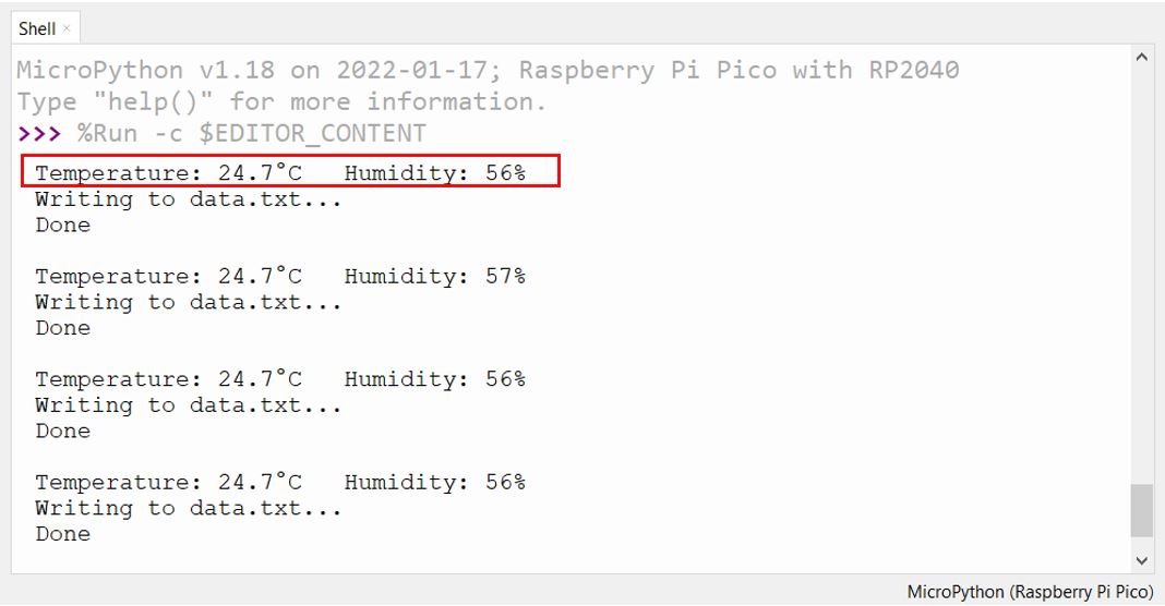 Raspberry Pi Pico DHT22 data logging on microSD card thonny shell