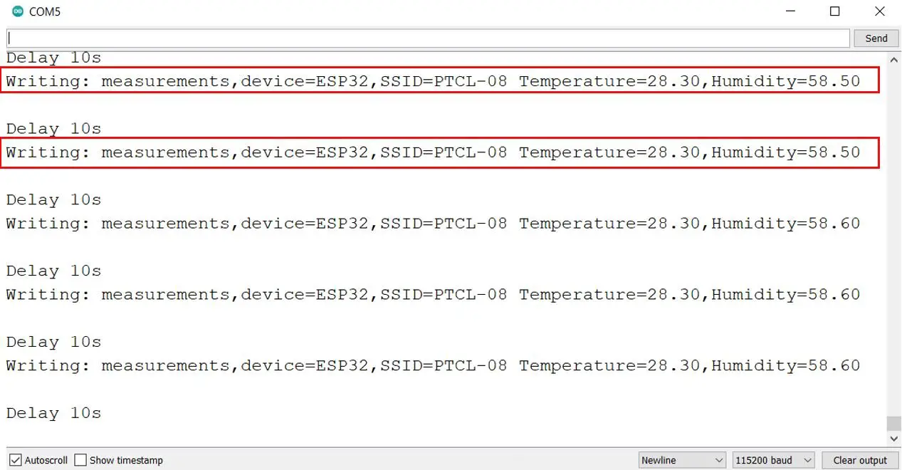 ESP32 and ESP8266 send DHT22 readings to InfluxDB serial monitor