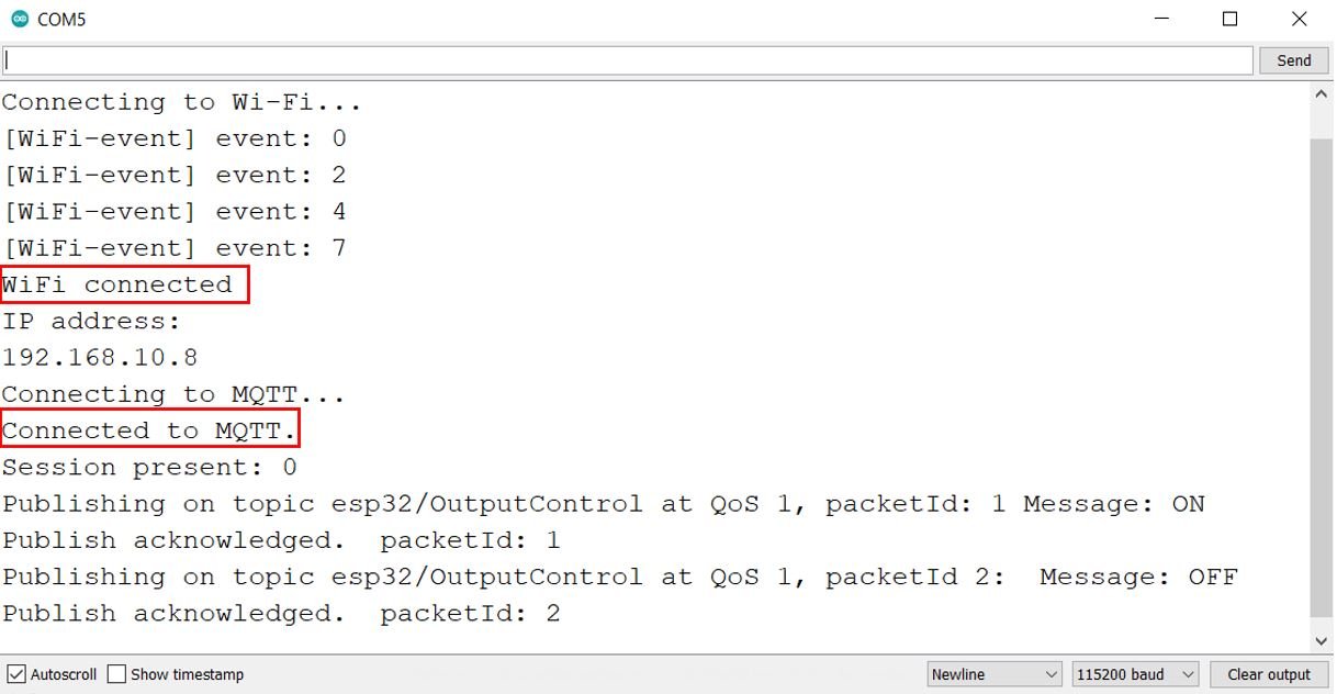 ESP32 MQTT Publish and Subscribe Control Output demo serial monitor 1