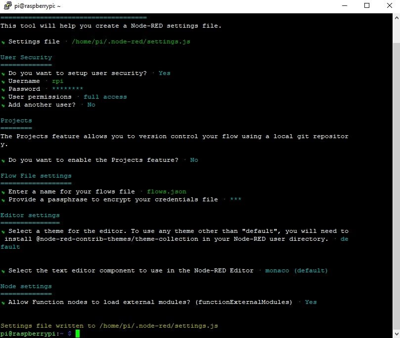 Node-RED config settings Raspberry Pi