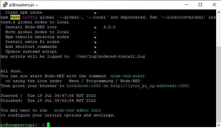 Node-RED installation process Raspberry Pi 32 and 64-bit RPI OS