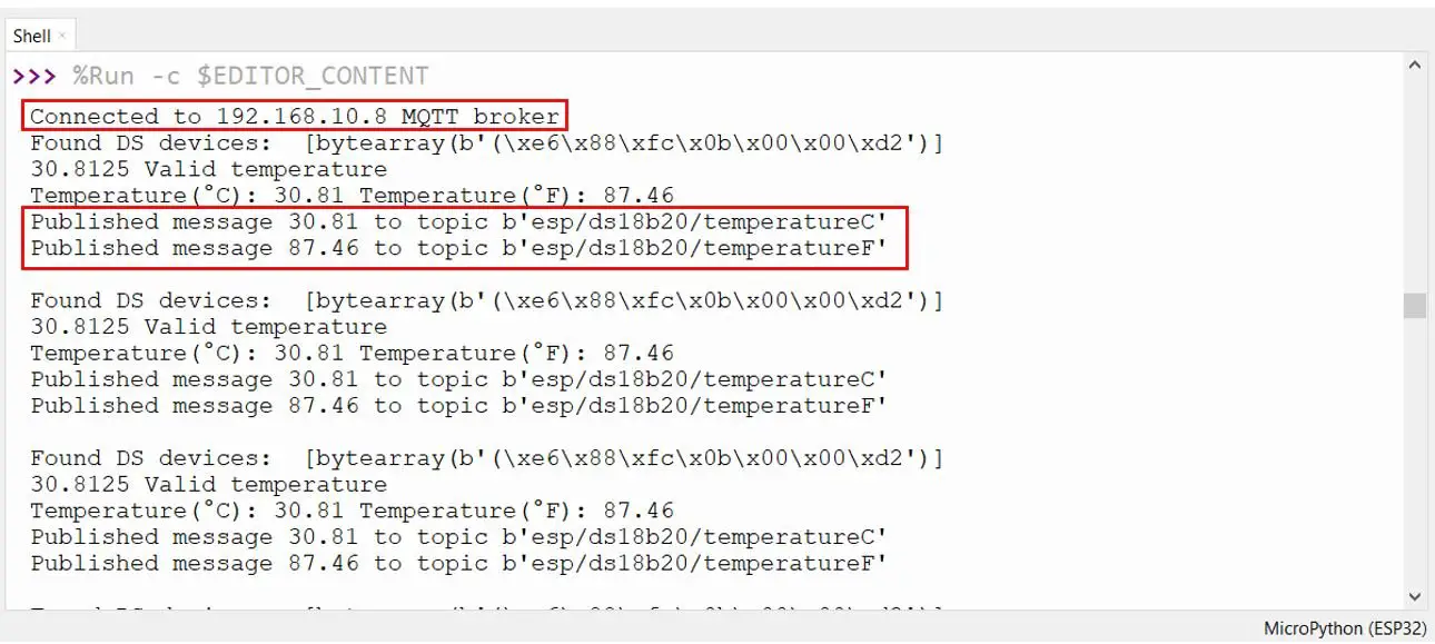 ESP32 and ESP8266 MQTT Publish and Subscribe DS18B20 Sensor Readings Shell Terminal demo