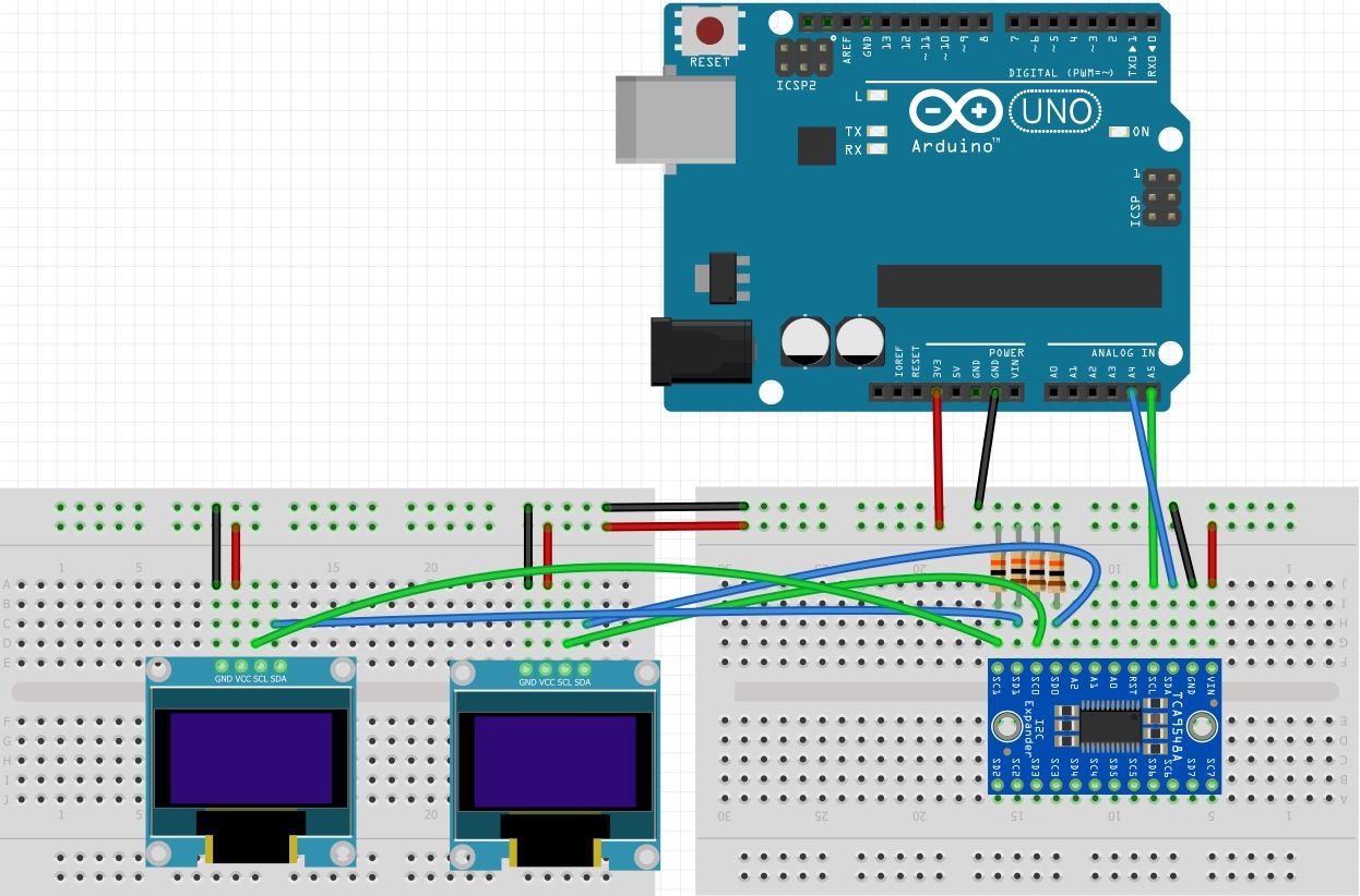 Arduino with TCA9748A Multiplexer with OLEDs schematic diagram