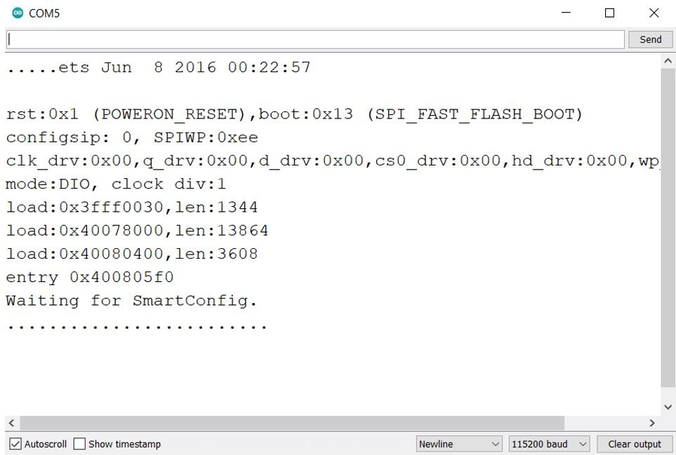 ESP32 WiFiSmartConfig example sketch serial monitor demo 1