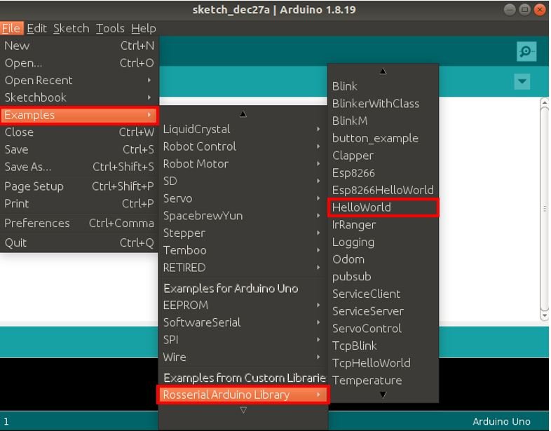 Hello World example sketch from Rosserial Arduino Library