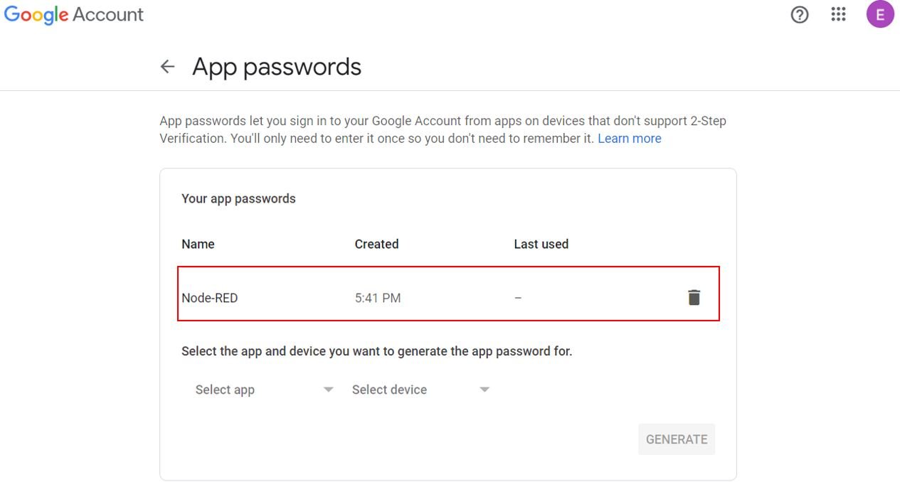 Node-RED send email alerts generate app password 3