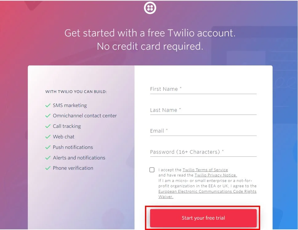 Twilio Sign up 2