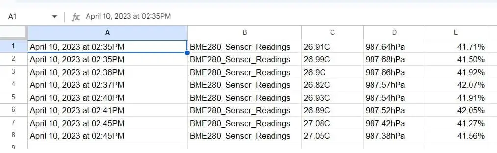 BME280 sensor readings to google sheet