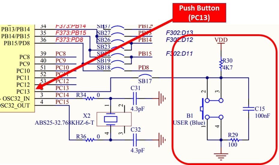 STM32 Nucleo onboard Push button schematic diagram