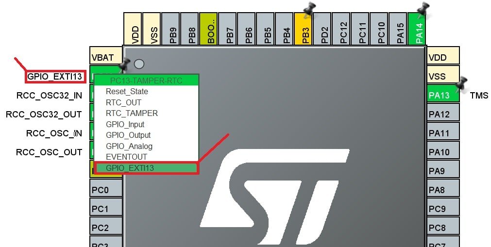 select PC13 as an external interrupt source STM32CubeIDE